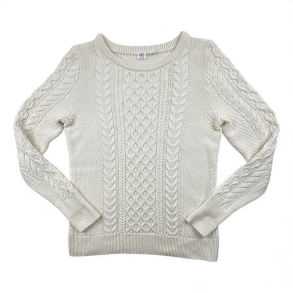 GAP Sweater Womens Cream Cable Knit Crew Neck Fishermans Chunky Preppy Medium - Picture 2 of 9